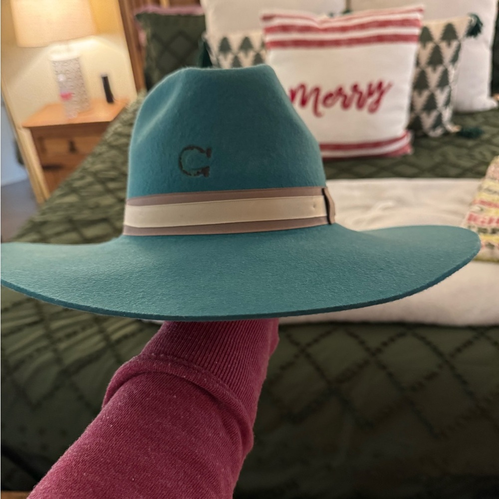 Teal Wide Brim Hat with Beige Band